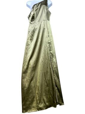 Birdy Grey Women's Satin One-Shoulder Floor-Length Formal Dress Sz L Olive Green